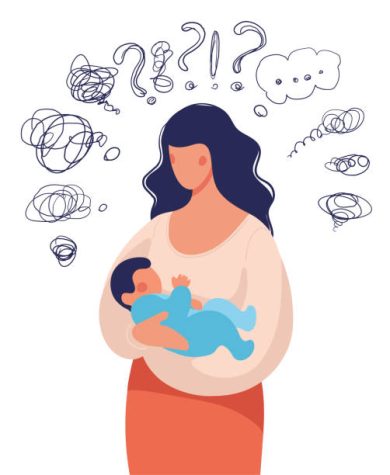 A woman with a child in her arms asks herself many questions. Conceptual illustration about postpartum depression, help for a young mother, family support. Flat cartoon illustration isolated on white background