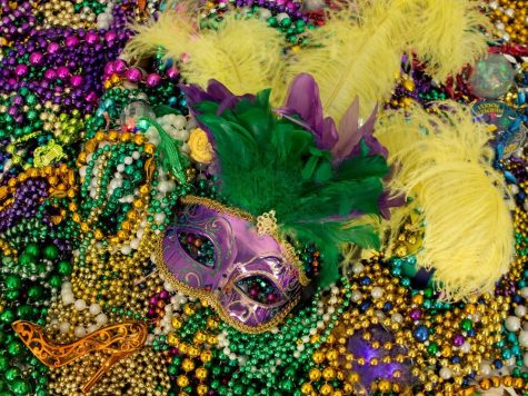 Photo of a Mardi Gras mask with feathers and beads all in purple, green and gold by Ninette Maumus / Alamy