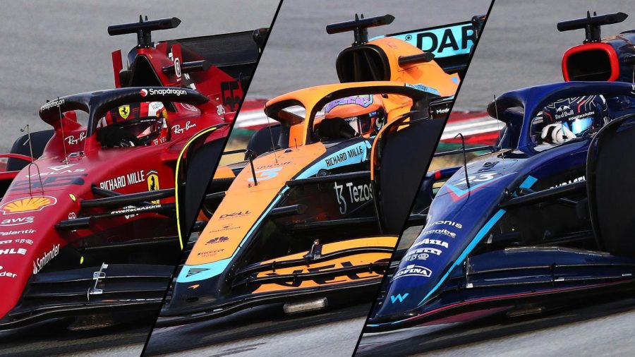 2022 Ferrari (left), McLaren (middle) and Williams (right) cars. Photo from official F1 website.