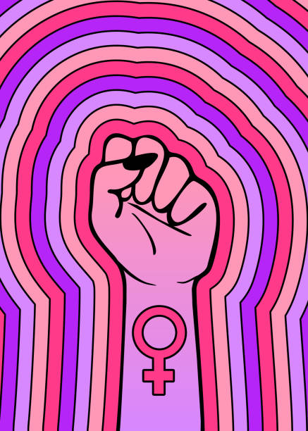 Colorful poster with female raised clenched fist with a Venus sign.