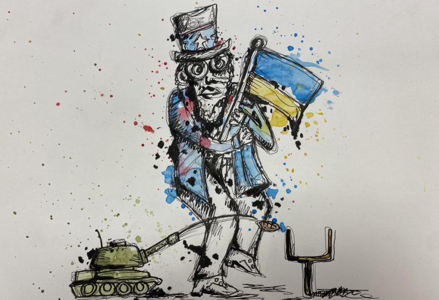 Uncle Sam clutches a Ukrainian flag on the sidelines of the Big Game. 