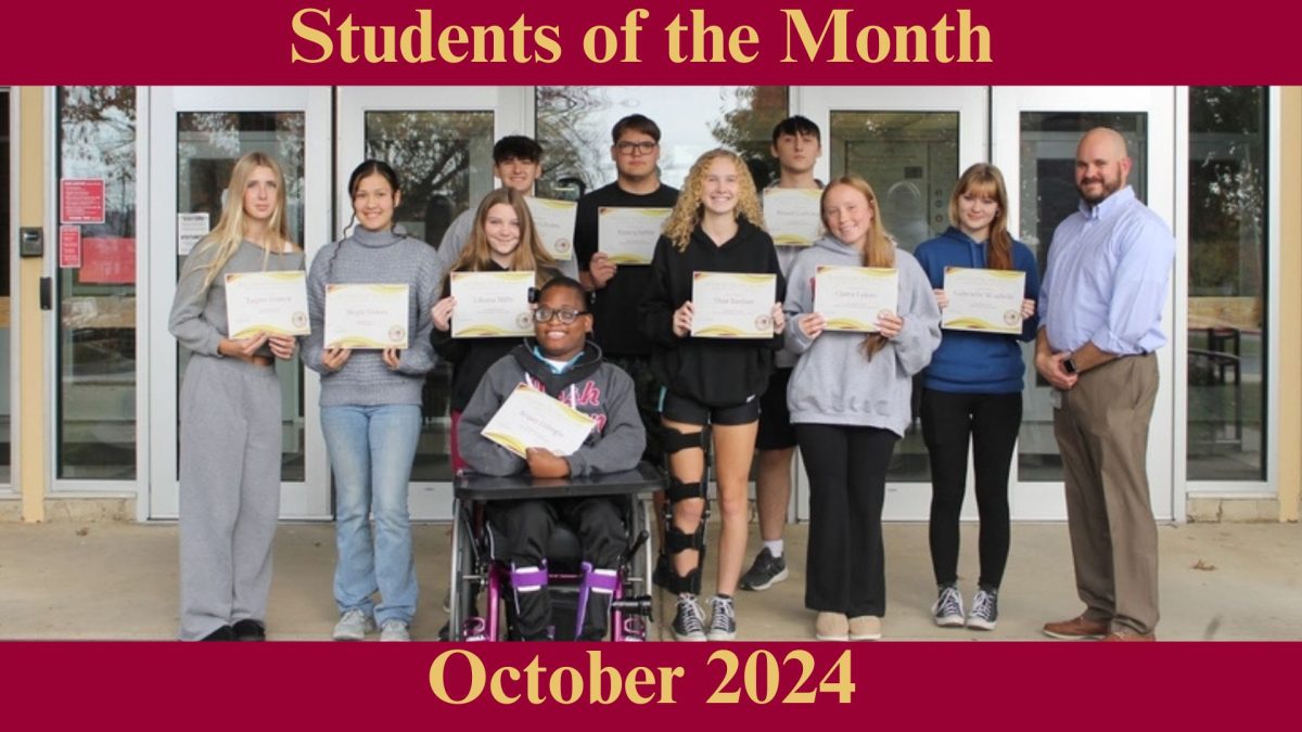 Left back row: Sullivan Givens (English), Henry Settle (PE), Mason Galloway (SS), Middle row from left: Taylor French (Science), Skyla Stokes (Math), Liliana Mills (WL), Shae Bastian (VPA), and Clare Lukes (CTE), Gabrielle Woehrle (VS), and Principal Schwarzenegger.
Left front row: Bryan Hiheglo (CTE). 