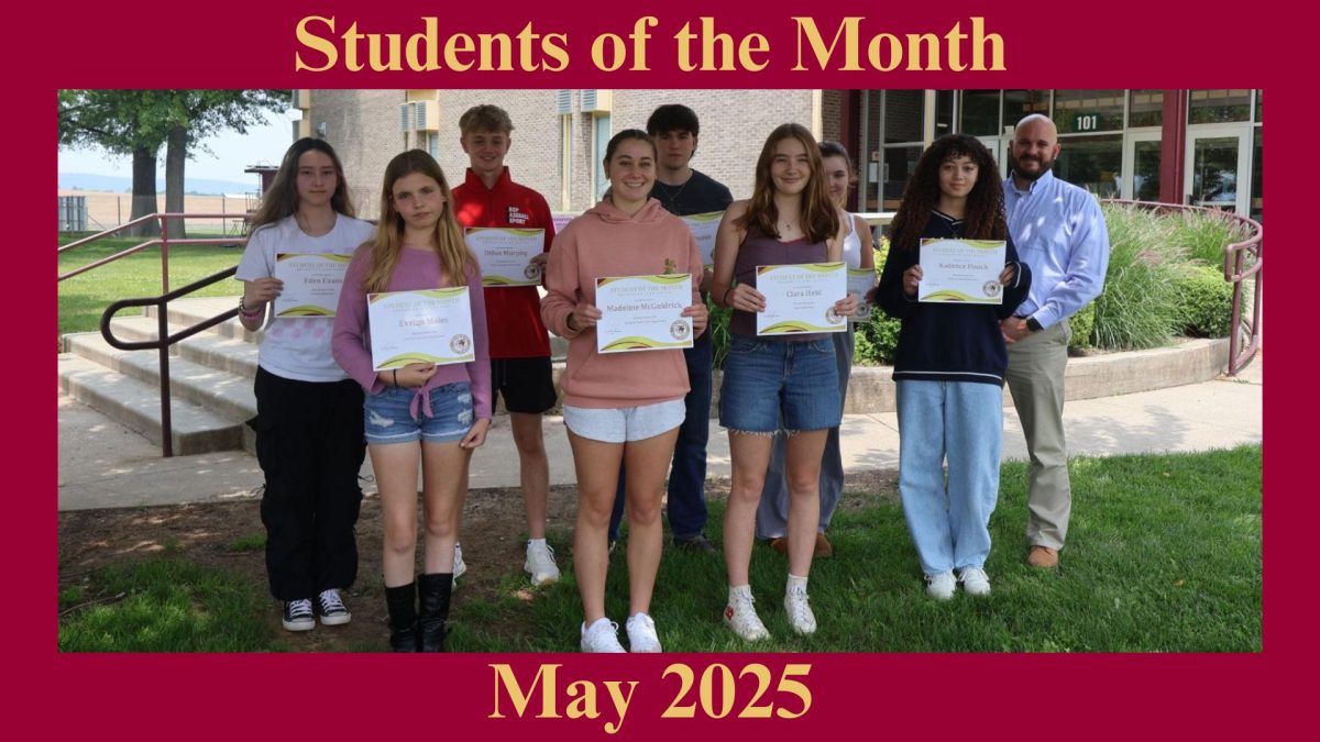 Left back row: Eden Evans (Science), Dillon Murphy (WL), Andrew Thiede (ELA), Aveline Murphy (VPA), and Mr. Schwarzenegger (Principal). Left front row: Evelyn Moles (PE), Madeline McGoldrick (CTE), Clara Held (Math), and Kadence Houck (SS).