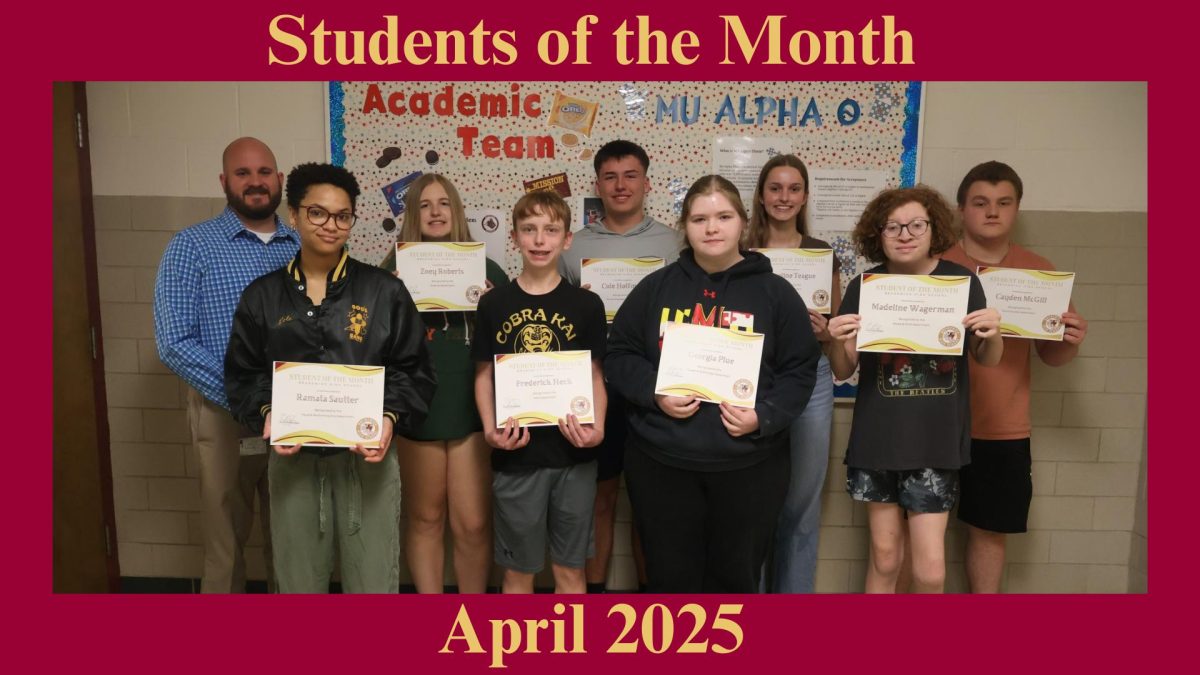 Left back row: Mr. Schwarzenegger (Principle), Zoey Roberts (Science), Cole Hoffman (WL), Caroline Teague (ELA), Cayden McGill (SS)
Left front row: Ramata Sautter (VPA), Frederick Heck (Math), Georgia Plue (CTE), Madeline Wagerman (Media)