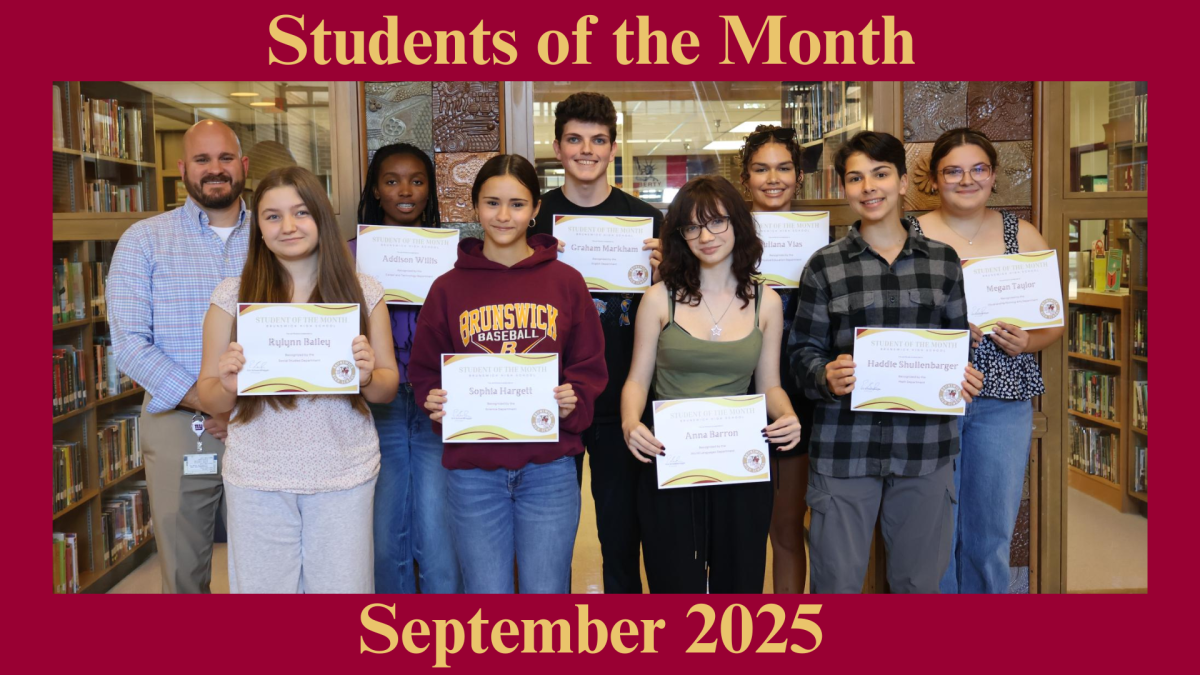 Left back row: Mr. Schwarzenegger (Principal), Addison Willis, Graham Markham (ELA), Juliana Vias (PE), Megan Taylor (VPA) Left front row: Rylynn Bailey (SS), Sophia Hargett (Science), Anna Barron (WL), Haddie Shullenbarger (Math) Not pictured: Ramata Sautter (Media/FCVS)
