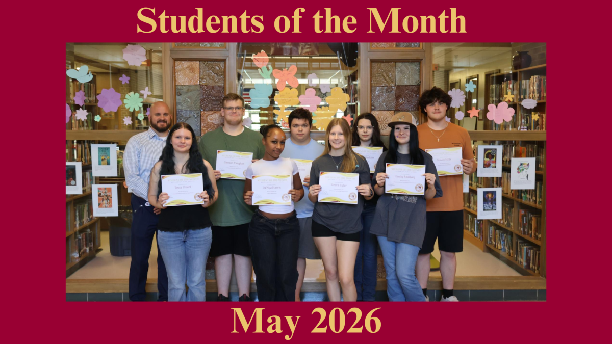 From Left To Right: Principal Eric Schwarzenegger, Tessa Stuart (VPA), Sam Vaughan (PE), Da'Nya Harris (English), James Eitemiller (Science), Sierra Eyler (CTE), Aleena Perkins (WL), Emily Roelkey (Media), Mason Mills (SS). Not Pictured: Janelle Razunguzwa (Math) 