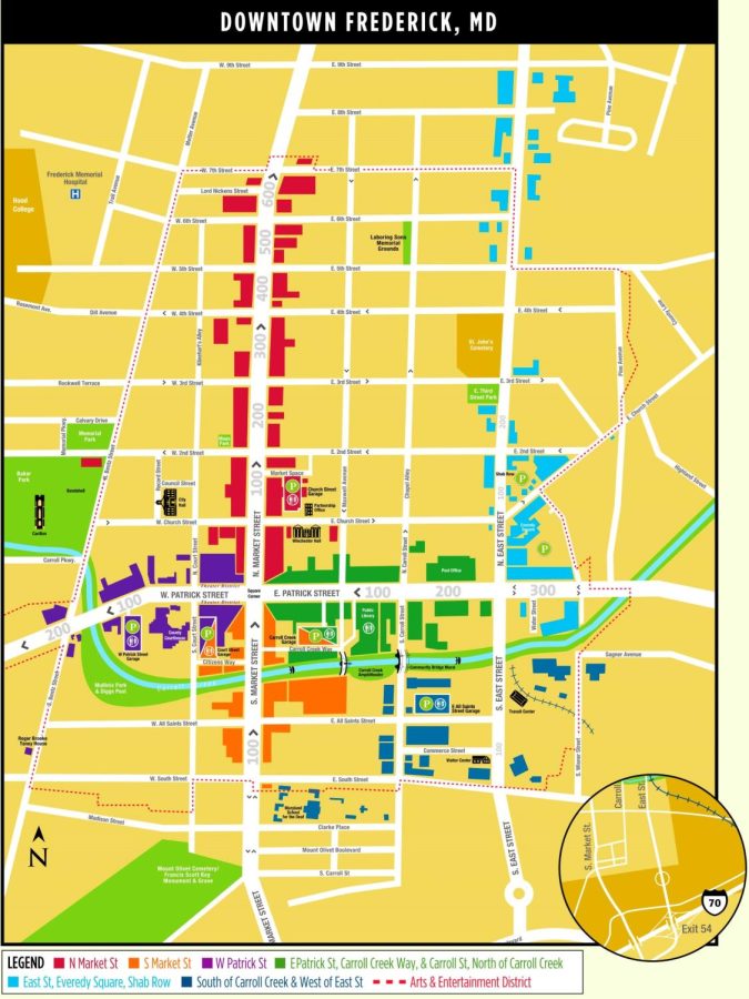 A map depicting the layout of Downtown Frederick, centered on North Market Street. 