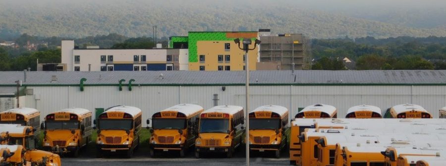 School buses in their parking lot
