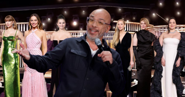 Jo Koy in the forefront of a photo with iconic pop culture women. Image created with Canva. 