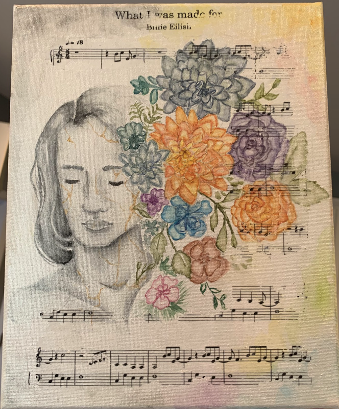 Let the Light Shine Through, created using watercolor, metallic watercolor, and a music sheet. Artwork made August 29th, 2023. 