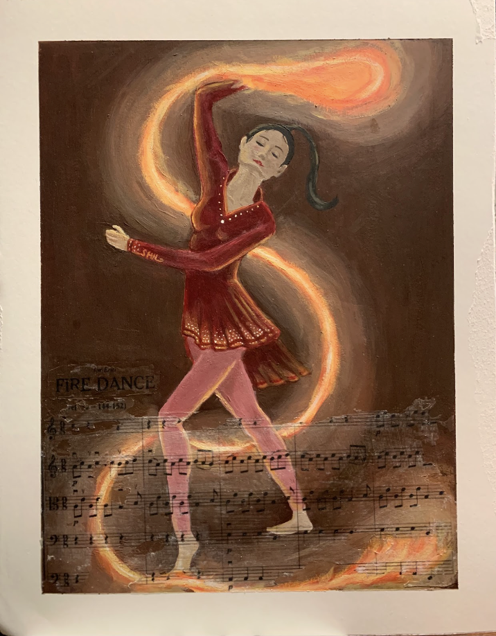 Fire Dance, created using acrylic paint and a music sheet. Artwork created November 28, 2023. 