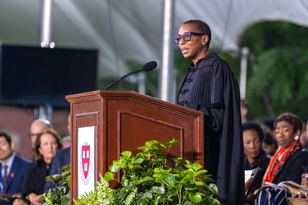 Former President of Harvard, Claudine Gay, giving a speech at her Inauguration; becoming Harvards 30th president. [CC BY-NC-SA 2.0].