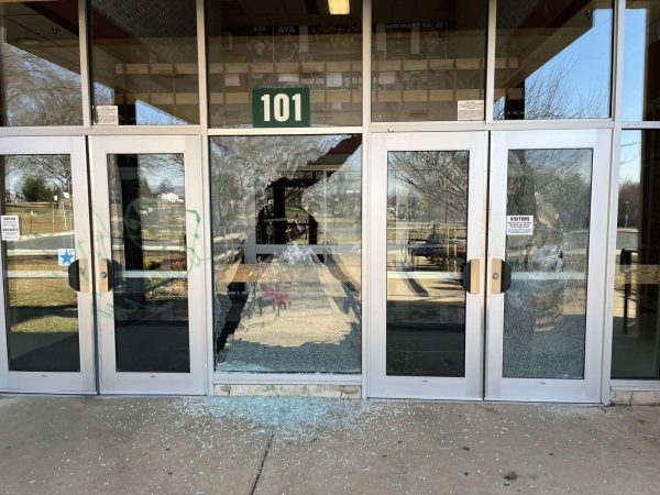 The entrance of Brunswick High School on Monday morning before temporary repairs were completed. Photos provided and given permission to use by Taylor Fry. 