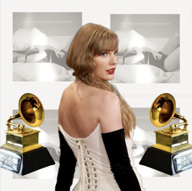 Taylor Swift announces her brand new album The Tortured Poets Department at the Grammys this year. Image created with Canva. 