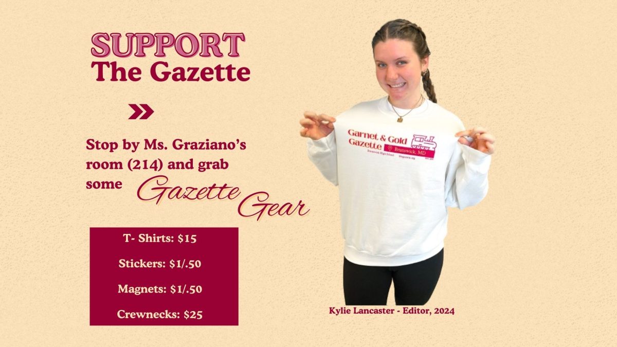 Advertisement for the Gazettes new t-shirts, crewnecks, stickers, and magnets! Image created in Canva.