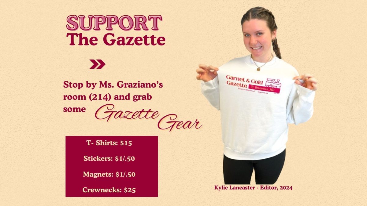 Advertisement for the Gazettes new t-shirts, crewnecks, stickers, and magnets! Image created in Canva.