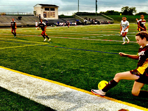 Katy Orndorff (freshman) takes a ball towards the goal Monday night.