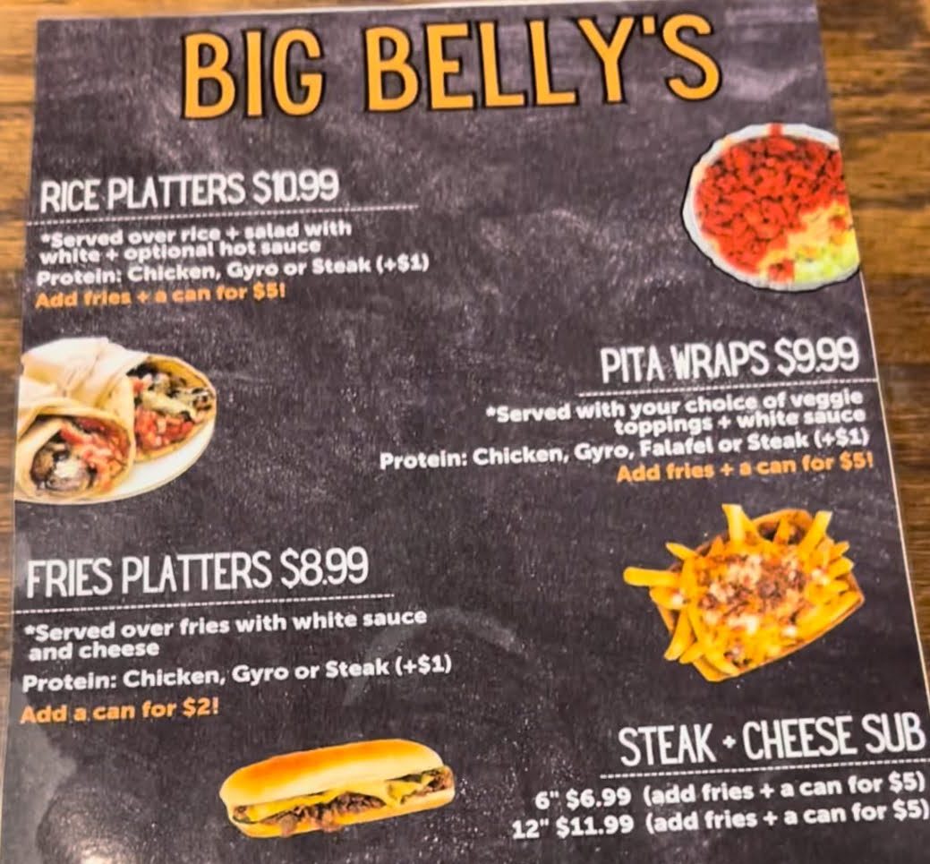 Here's the current menu of Big Belly's with other wraps and platters to come!