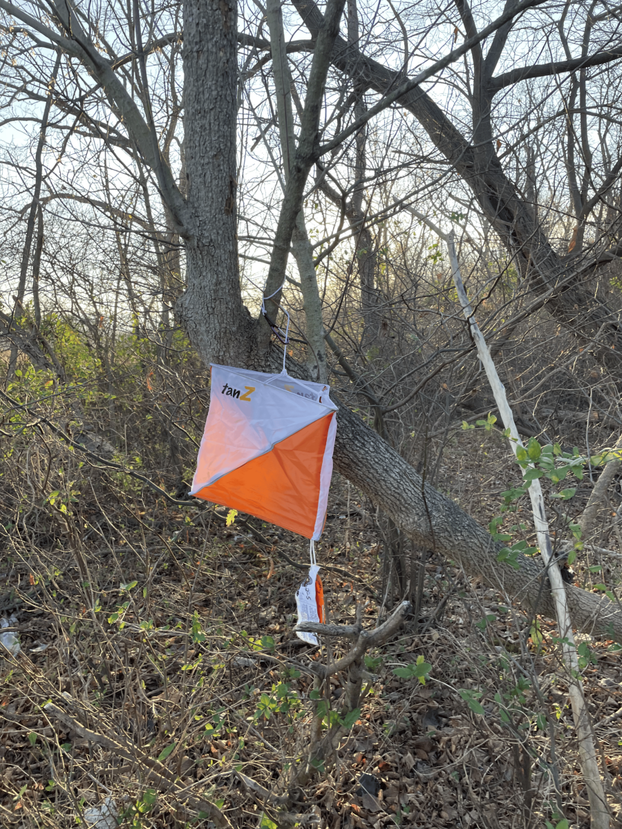 An adventure race flag in the woods, these are used as markers for the runners. 