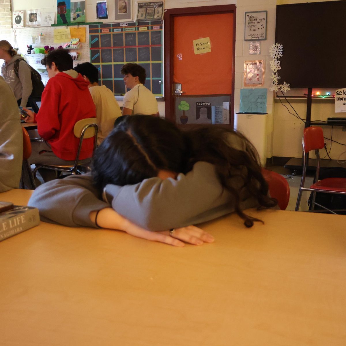 A student takes a break after being exhausted from the past weekend's musical shows that left them beyond tired for the start of the week.