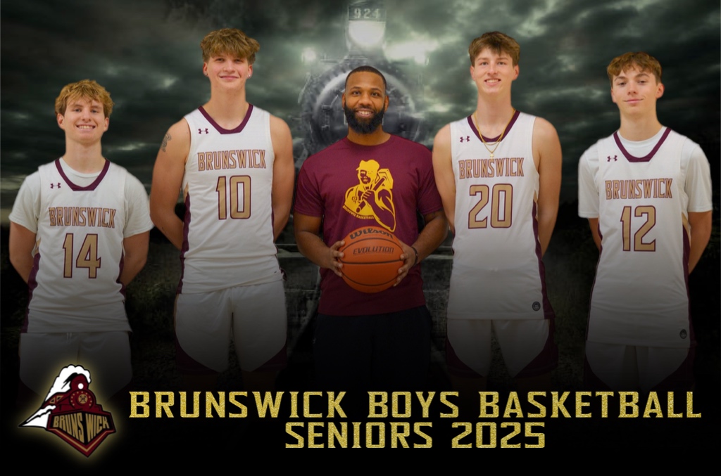 Brunswick seniors with Head Coach Larry Brown. From left to right Jackson Dudley, Mark Cooke, Larry Brown, Jacob Genos, and Eli Miller. Photo used with permission from Sarah Cooke.