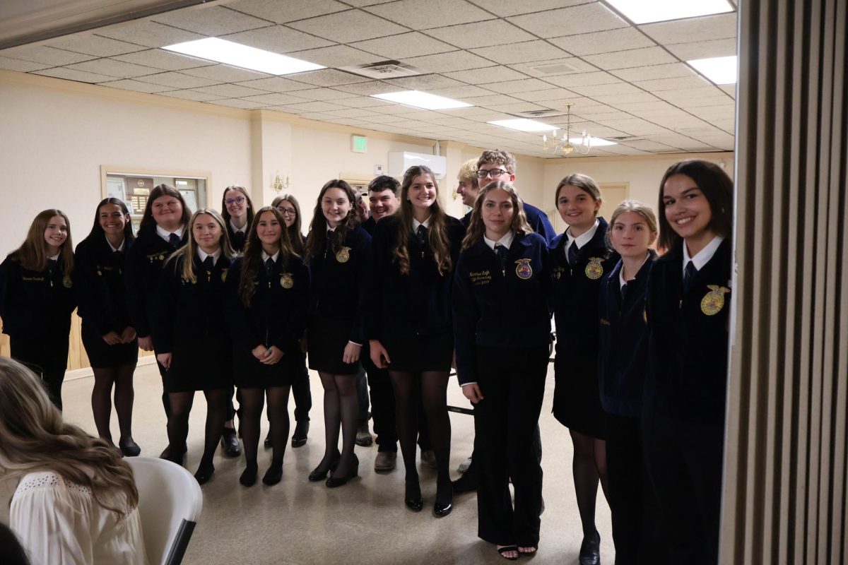 FFA members posing for a picture. From left to right Catherine Orndorff, Katelyn Hargett, Victoria Christman, Hannah Cook, Caitlin Kelly, Savanah Sier, Emma Pearrel, Atley Shafer, Lane Riggleman, Andie Welsh, Gatlin Welsh, Ayden Shackelford, Kailey Clark, Jossalyn Henry, Brielle Lovelady, and Juliana Vias. 