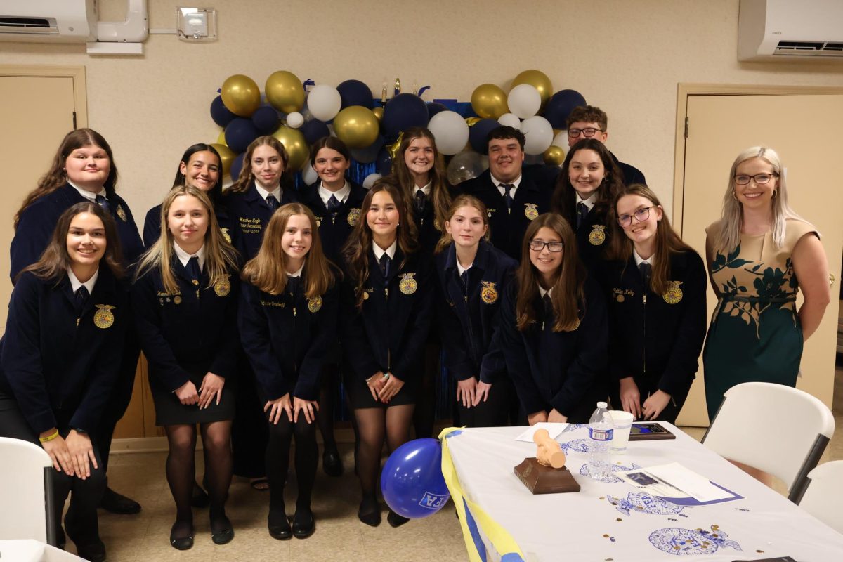 All the FFA members and Mrs. Stockman. Front row left to right Juliana Vias, Hannah Cook, Catherine Orndorff, Emma Pearrel, Brielle Lovelady, Savanah Sier, Caitlin Kelly, Mrs. Stockman. Back row left to right Victoria Christman, Kailey Clark, Katelyn Hargett, Jossalyn Henry, Andie Welsh, Lane Riggleman, Ayden Shackelford, and Atley Shafer. 