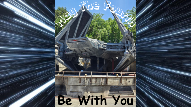 The replica Kylo Ren’s modified TIE whisper, with the classic montra, "May The Fourth" written across it - Edited in Canva