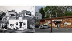 Left: Bill Care's Amoco Station on the present site of Jerry's Liquors, courtesy of the Brunswick History Commission. 
Right: Jerry's Liquors as of May 2025 by Margaret Loeffler. Edited in Canva.