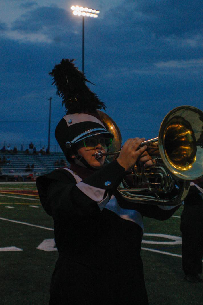 Haiden Rodgers is pictures playing the baritone during half time.