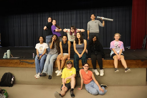 Everyone poses mid-rehearsal for the show.
Front Row: Haze Jeffery, Gabrielle Nielson
Middle Row: Dakota Dodd-Sharp, Minahil Minhas, Ramata Sautter, Liya Glouchkova, Sumiya Rahman and Caitlin Hayes
Back Row: Vivian Frederick, Aley Peluso, Coraline Towsend, and Christian Martinez. 