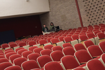 Haze Jeffery and Gabriella White working on sound together.