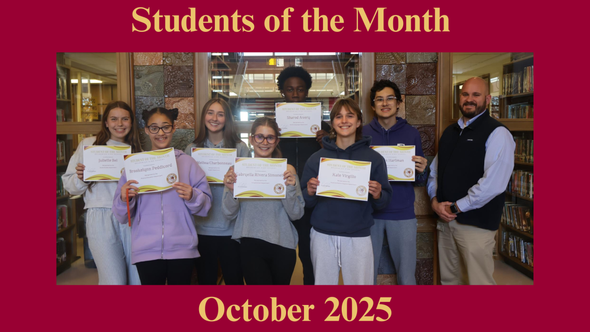 From left to right: Juliette Bel (Social Studies, Brookelyn Peddicord (PE), Melissa Charbonneau (English), Gabryella Rivera Simonetti (Media/FCVS), Sharod Avery (World Languages), Kate Virgilio (Visual Arts/PA), Alex Hartman (Math), Mr. Schwarzenegger (Principal)