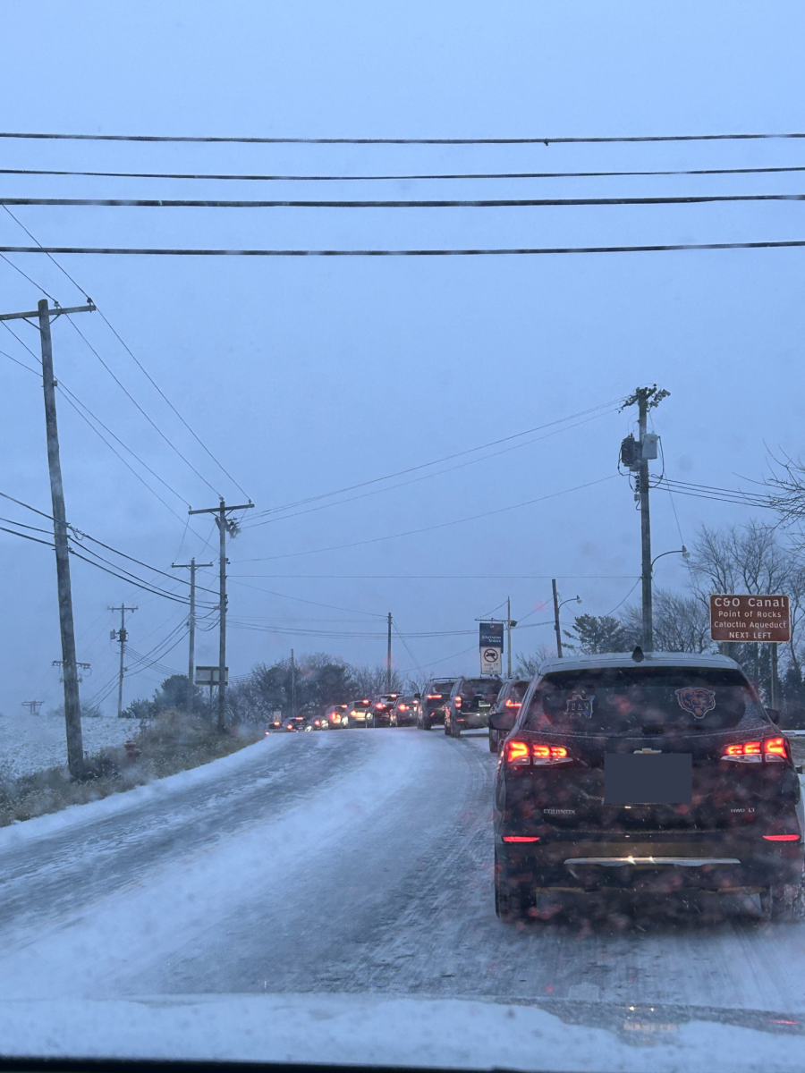 Cars lined up on the icy roads along Souder Road.