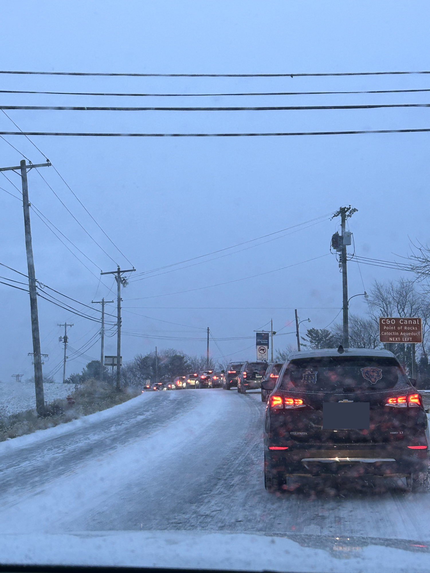 Cars lined up on the icy roads along Souder Road.