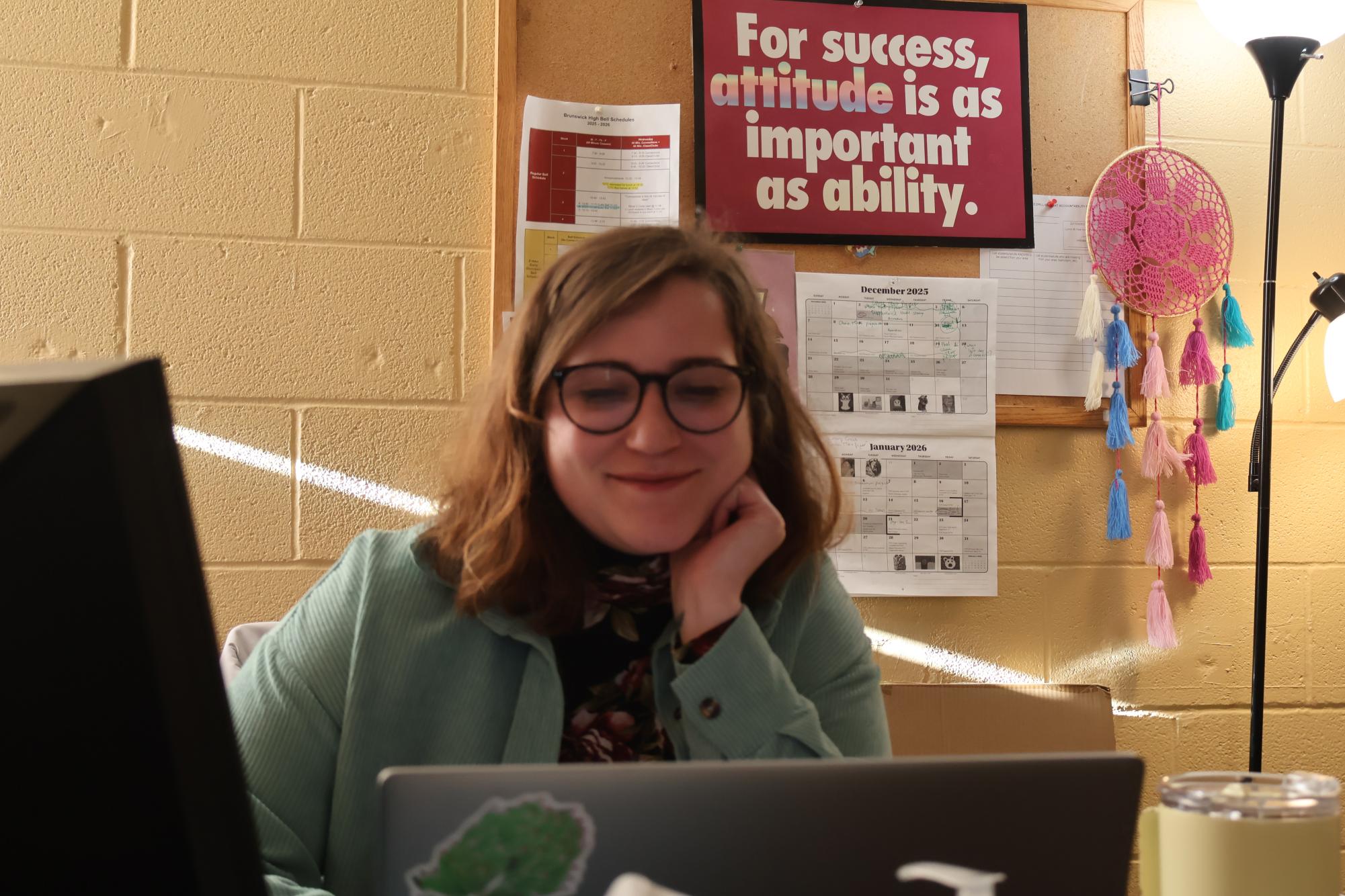 Ms. Miller focuses on grading in her classroom, room 110. Miller is new to the English department here at Brunswick High School.