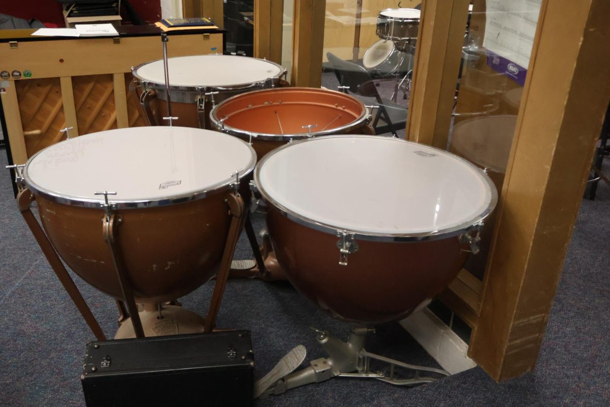 A set of four timpani in Mr. Hendy's room that were replaced because of broken drum heads and aged wheels.