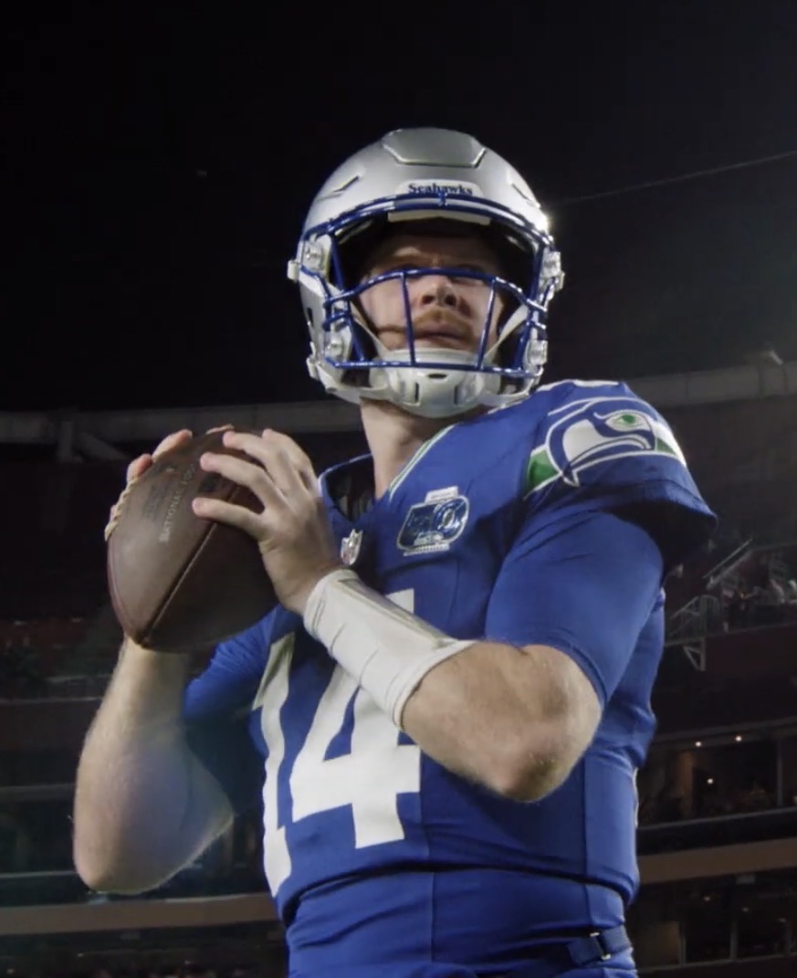 Quarterback Sam Darnold warming up for the Seattle Seahawks. 
