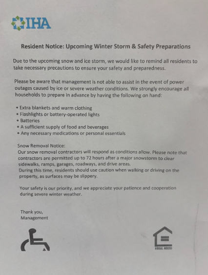 IHA (Interfaith Housing Alliance)  notice around the building to prepare for the snow storm. 