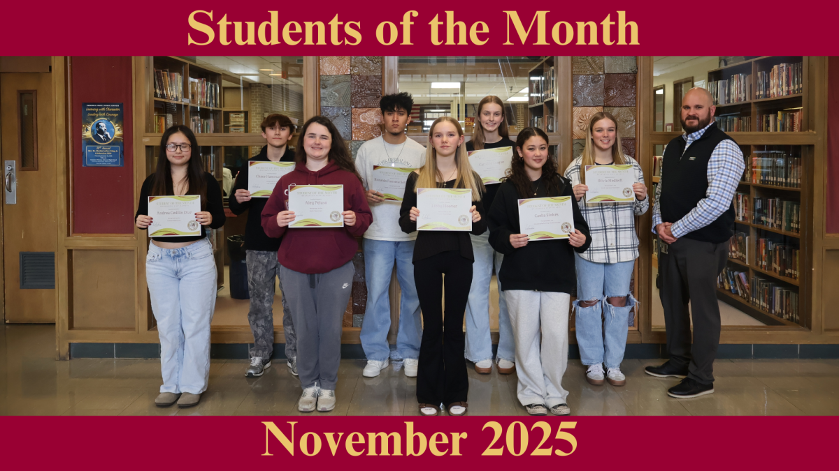 Pictured from left to right: Andrea Cedillo Diaz, Chace Hammarlund, Aley Peluso, Ronaldo Fonseca Santacruz, Libby Hoover, Caroline Teague, Caelia Stokes, Olivia Modisett, Principal Eric Schwarzenegger.  Not pictured: Sophia Smith
