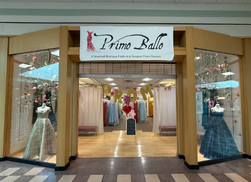 A front view of Primo Ballo Dress Boutique in Francis Scott Key Mall, in Frederick, Maryland.