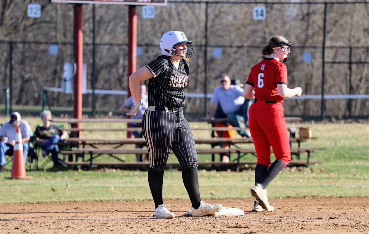 Maya Lowery, freshman, stands on first base. Photo used with permission from Cassi Russo.