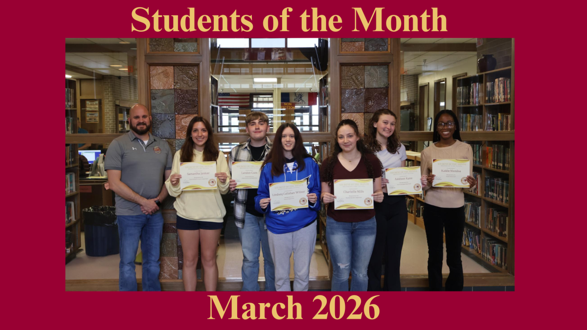 Pictured left to right: Principal Eric Schwarzenegger, Samantha Junker (V&PA), Landon Gum (Media), Lindsey Callahan Wilner (Science), Charlotte Mills (PE), Addison Kane (WL), Kaidie Mondoa (English). Not Pictured: Wyatt Guyton (CTE), Victor Ramos Mena (Math), and Sophia Tysbovskaya (SS). 