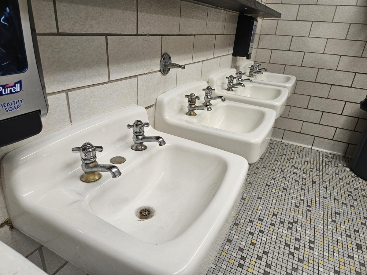 A bathroom sink section of the BHS bathroom empty of hand-washing students.