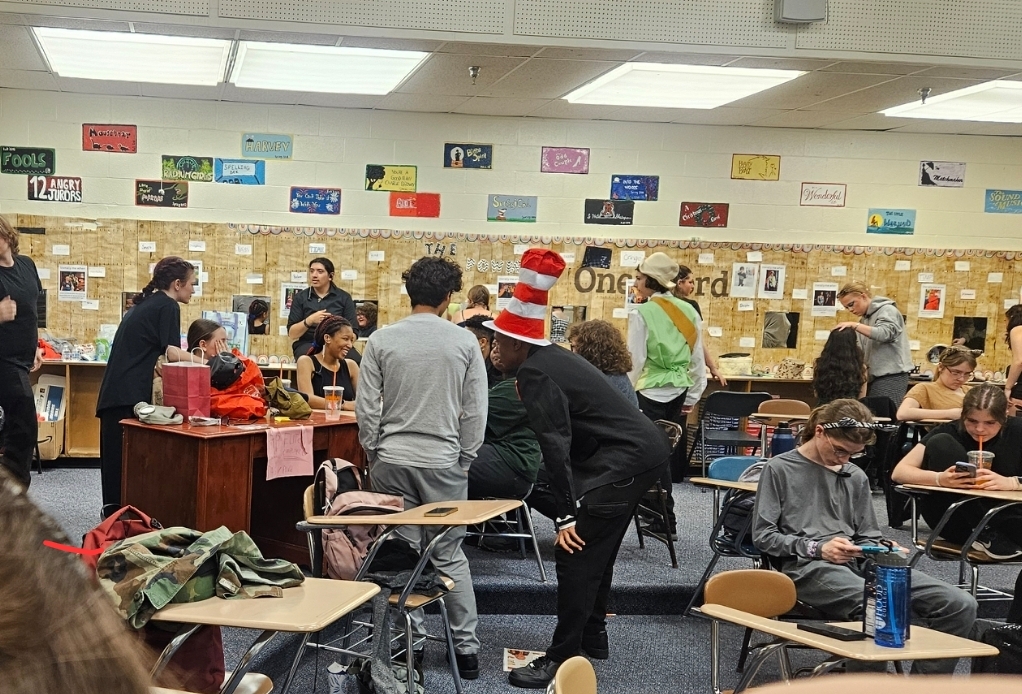 Students backstage bonding before starting their last performance of Seussical. 