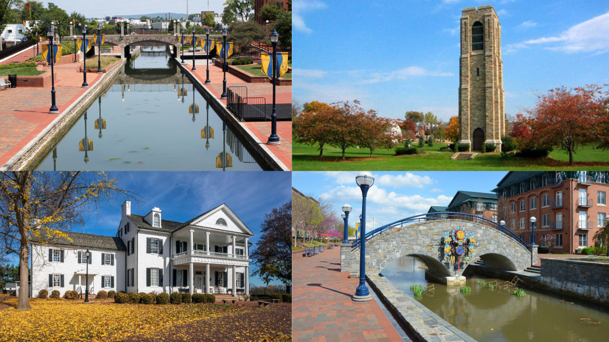 Collage of Carroll Creek Park, Baker Park, and Rose Hill Manor in Frederick, Maryland. Stone Arch Bridge by Adam Fagen is licensed under CC BY-NC-SA 2.0.